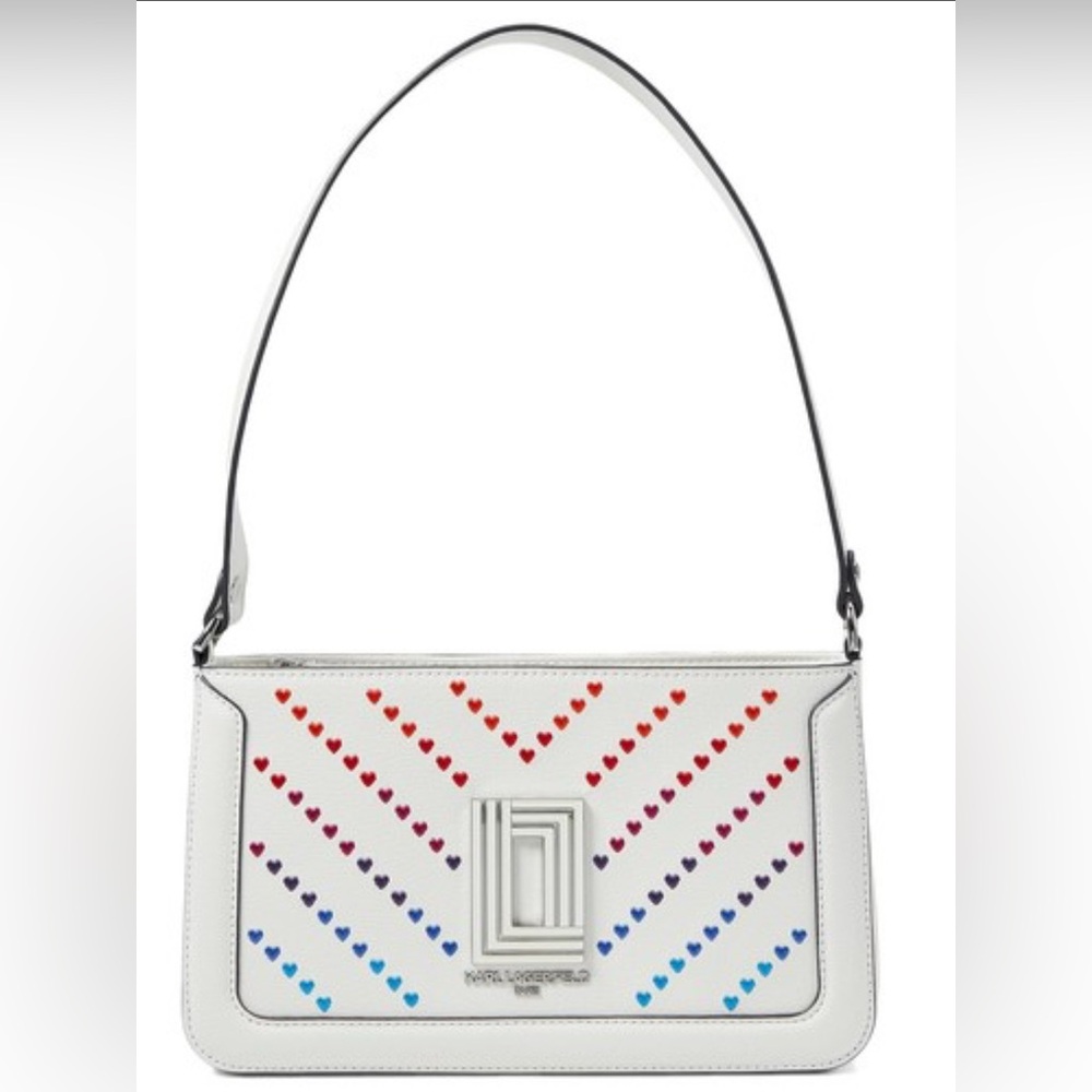 NEW| Authentic Karl Lagerfeld White Shoulder Bag with Heart Accents